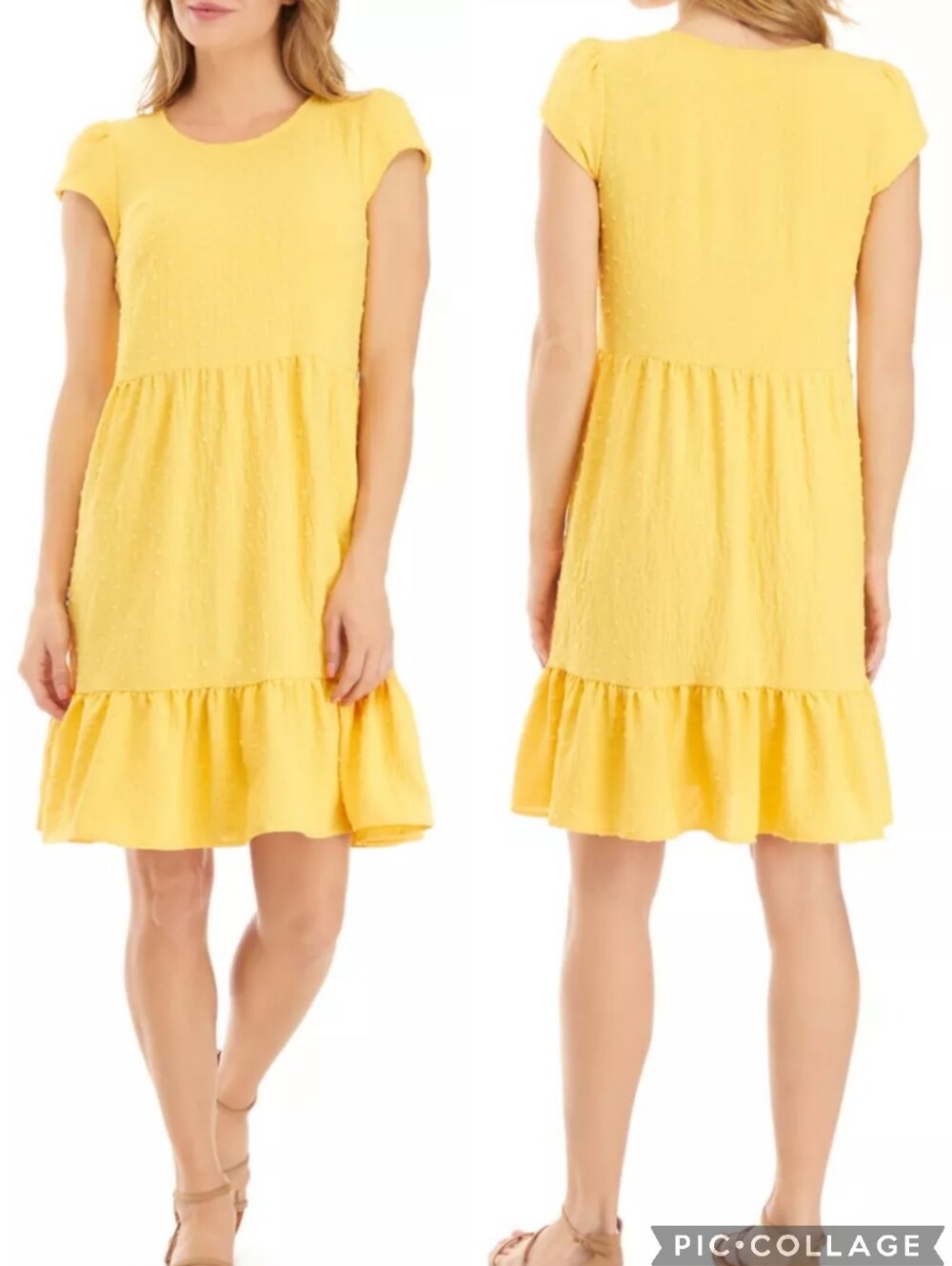 52seven Short Sleeve Clip Dot Tiered Dress Size L Yellow Pullover Beach Bright